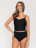 Woman wearing a black tankini top with matching black bottoms on a white background 