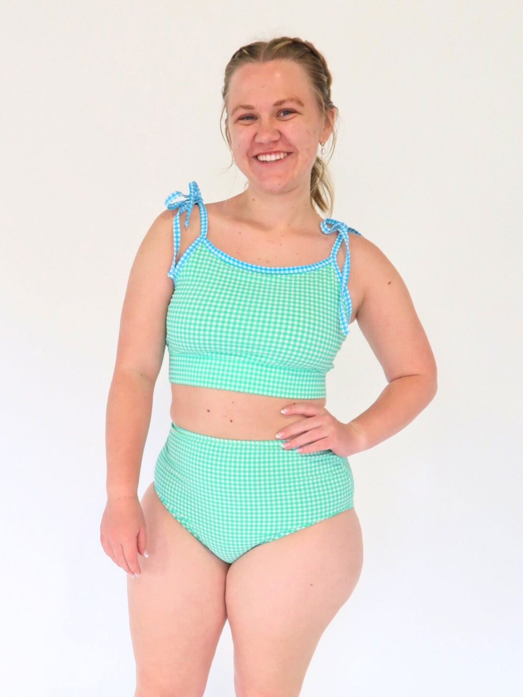 Green Seersucker Shoulder-Tie Crop Top